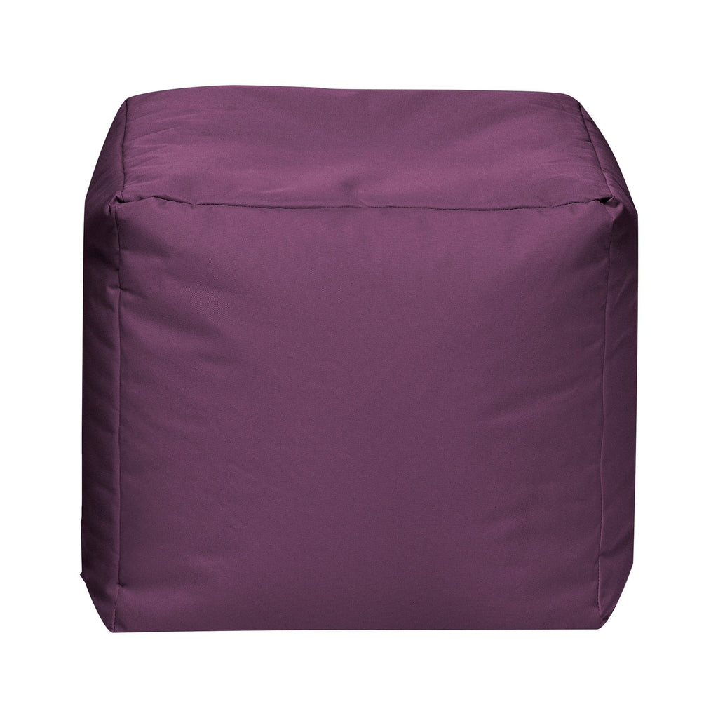 Purple cube-shaped ottoman on a white background