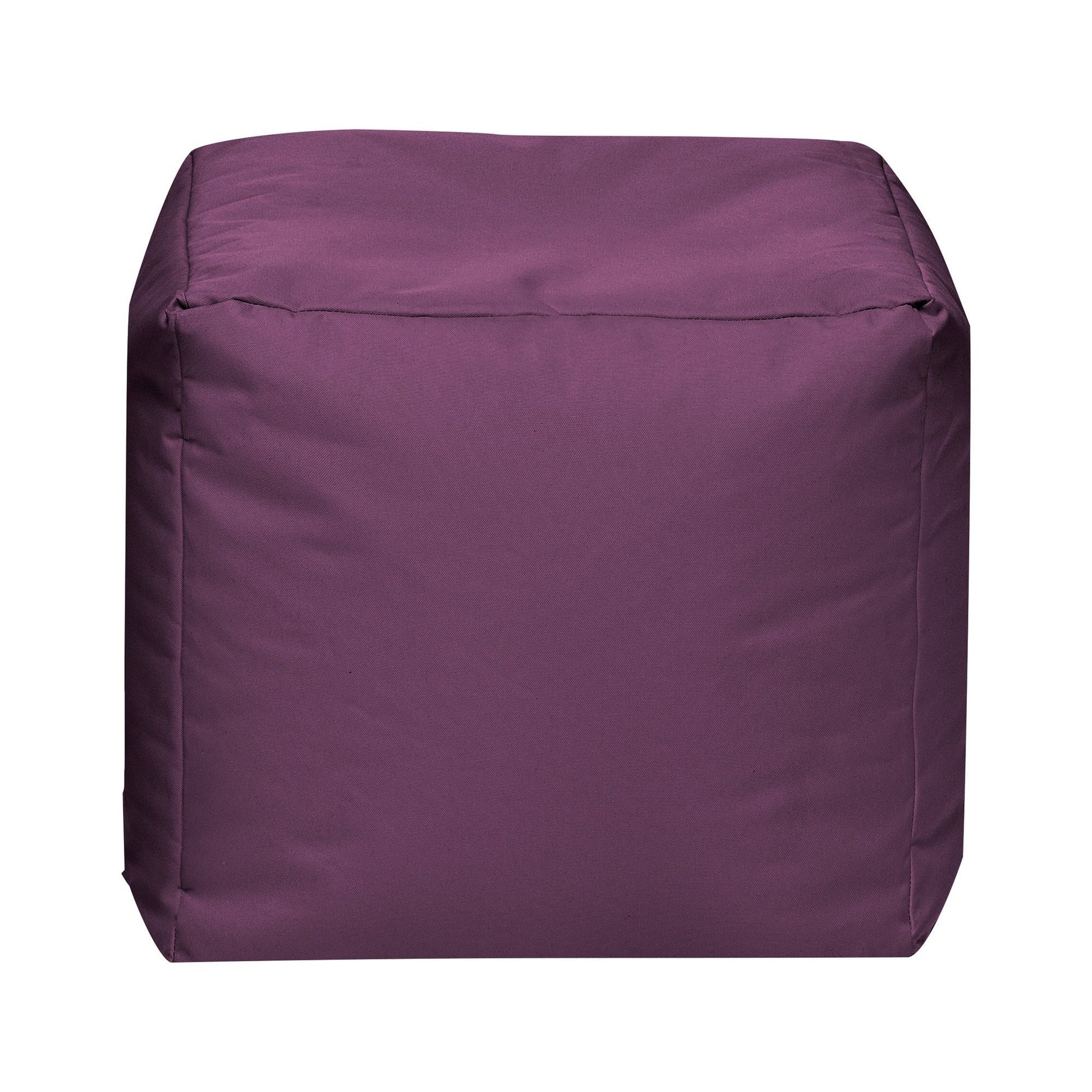 Purple cube-shaped ottoman on a white background