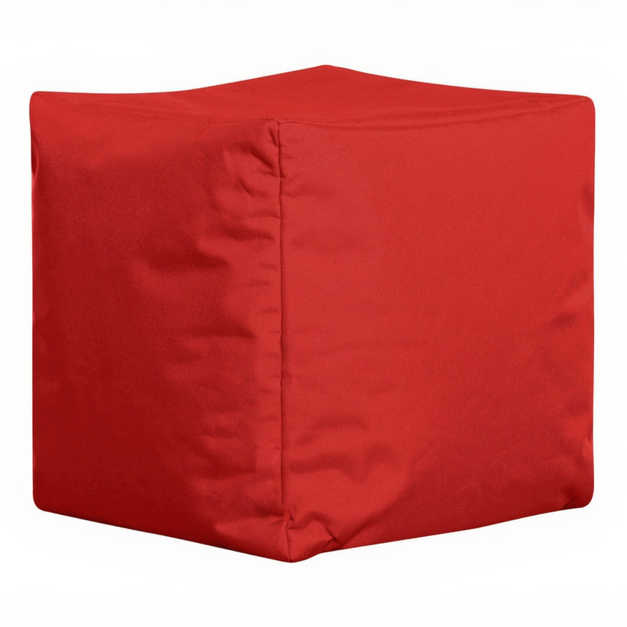 Red cube-shaped ottoman on a white background