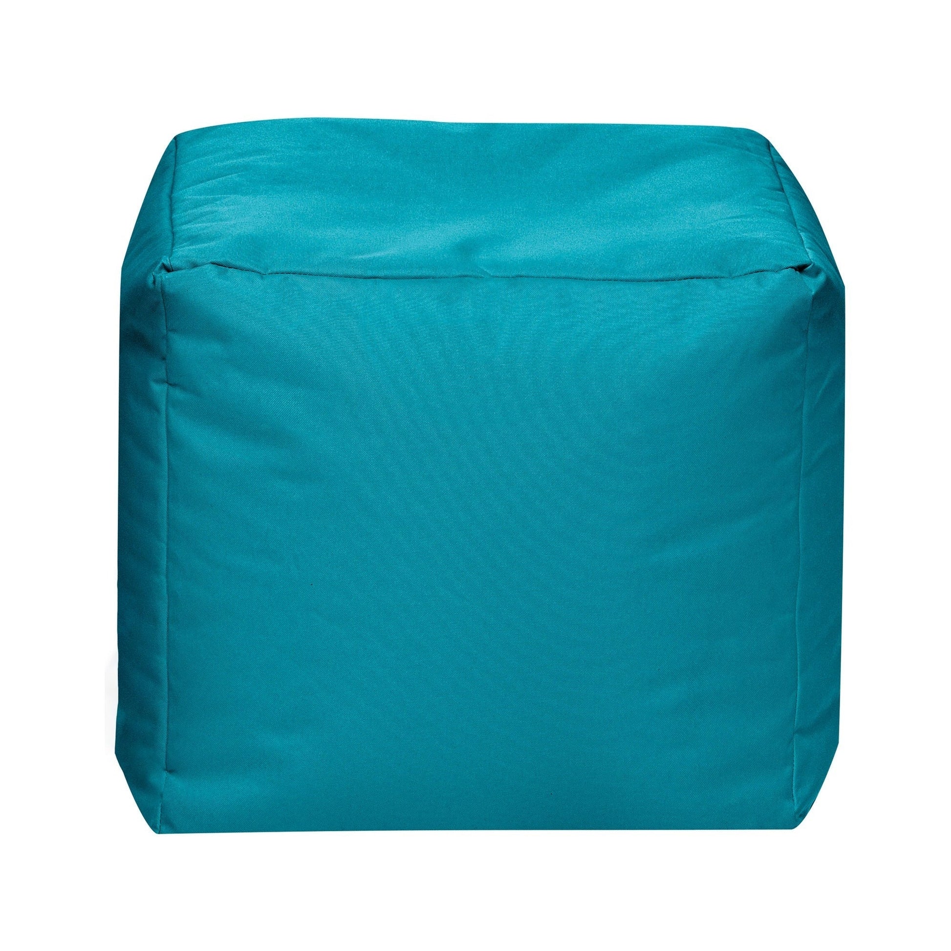 Teal cube-shaped ottoman on a white background