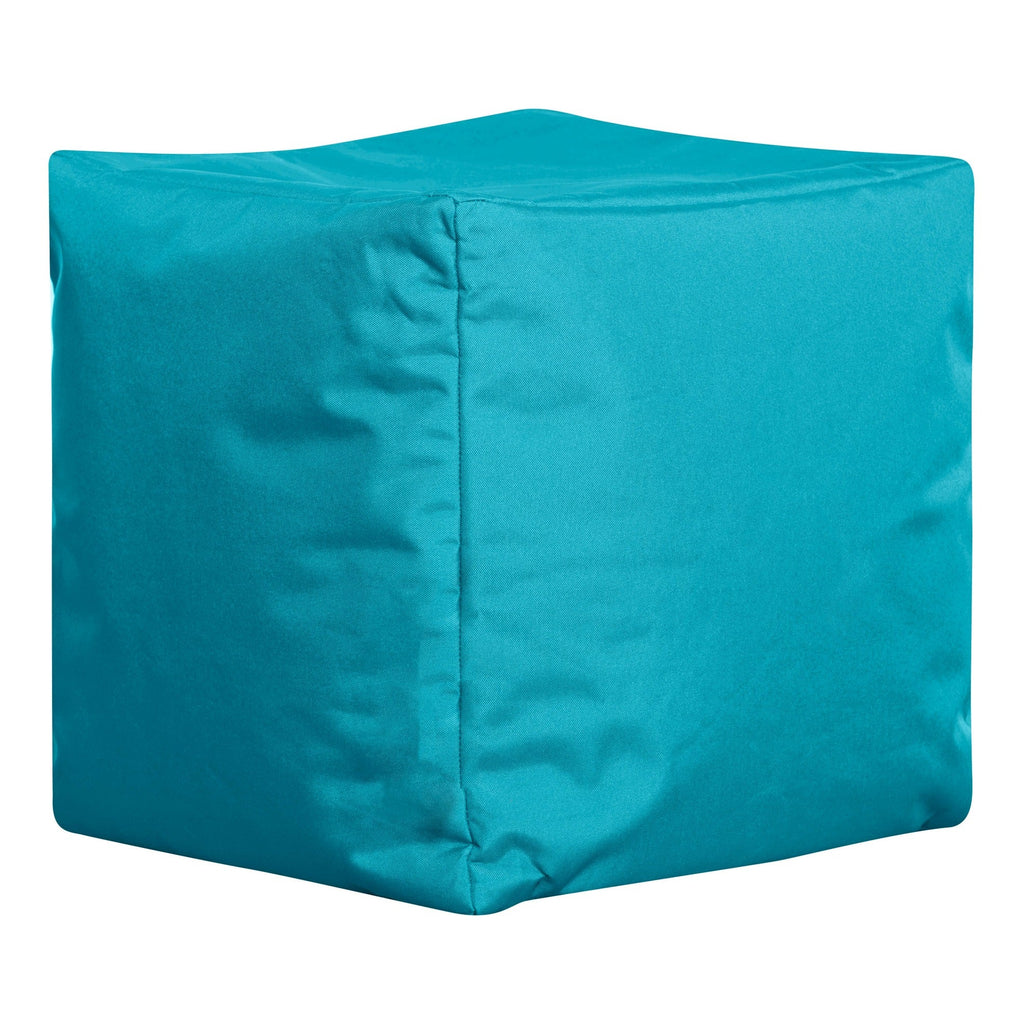 Turquoise cube-shaped ottoman on a white background