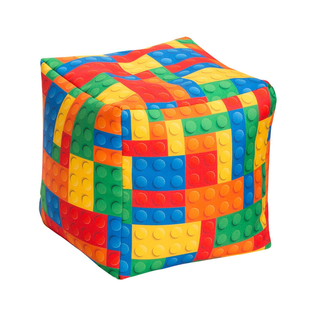 Colorful cube-shaped ottoman with a pattern resembling interlocking bricks on a white background.