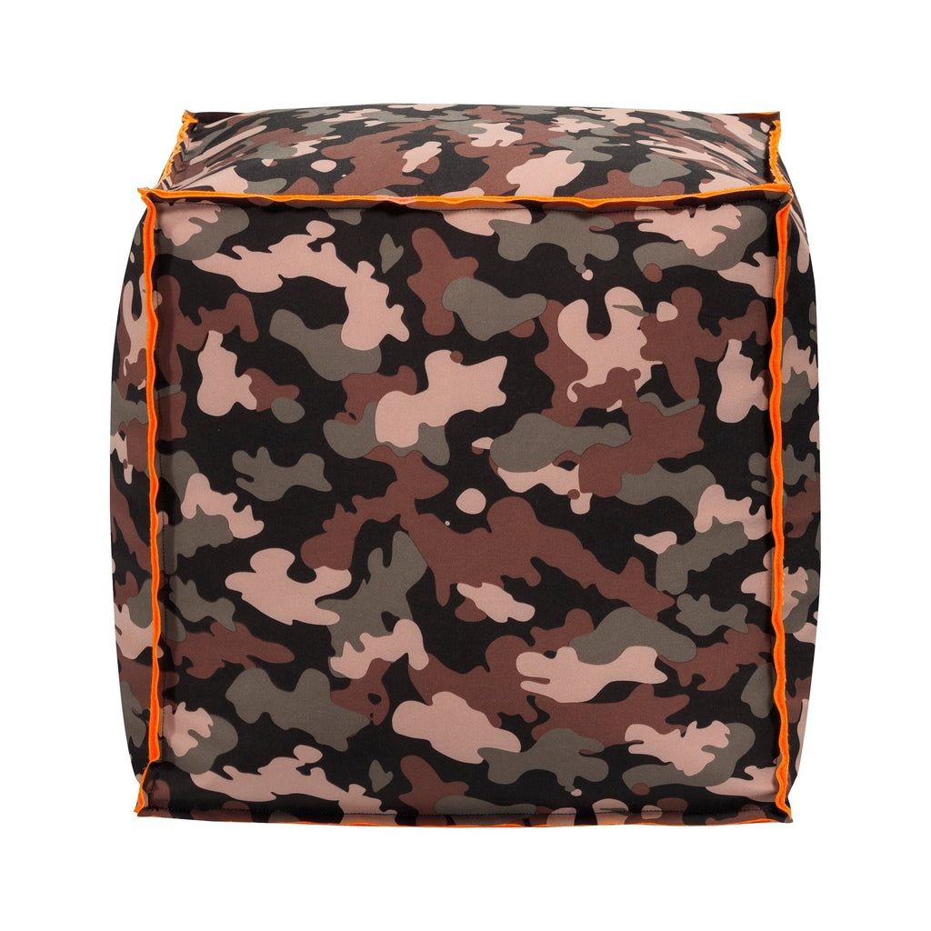 Camouflage-patterned bag with orange trim on a white background