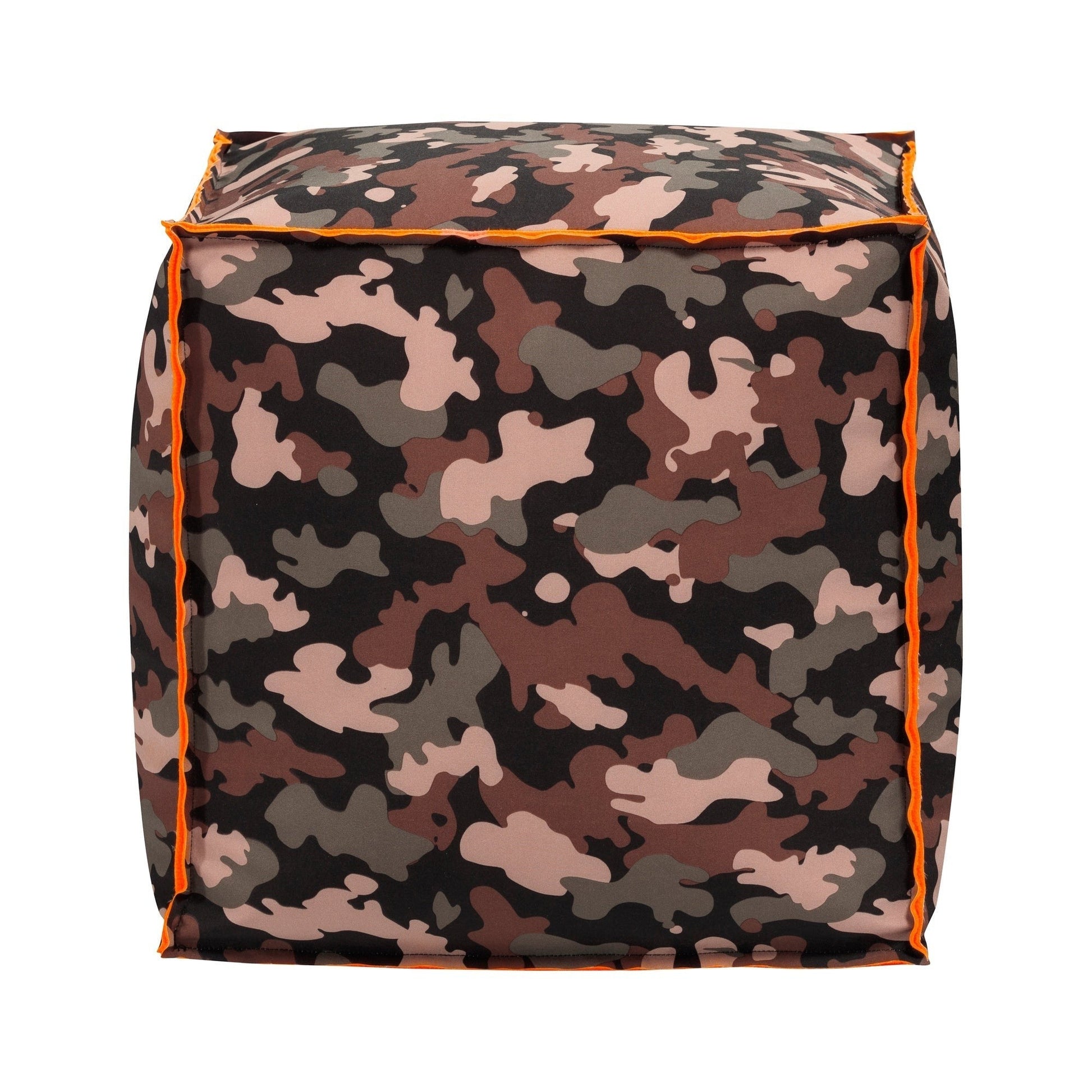 Camouflage-patterned bag with orange trim on a white background