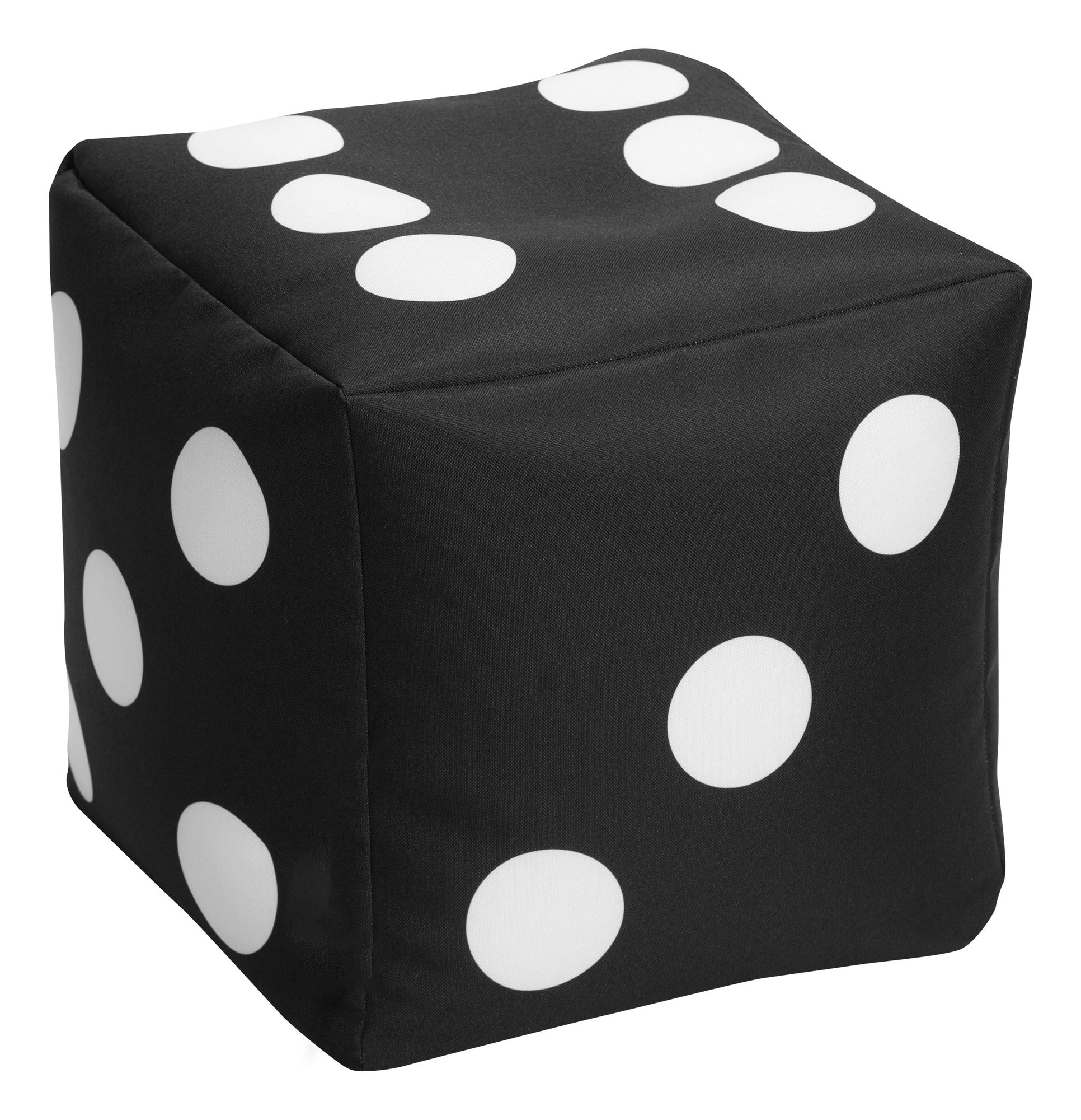 Black cube-shaped ottoman with white dots on a white background