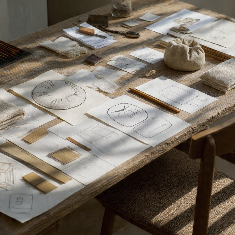 Wooden table with beanbag sketch drawings and materials
