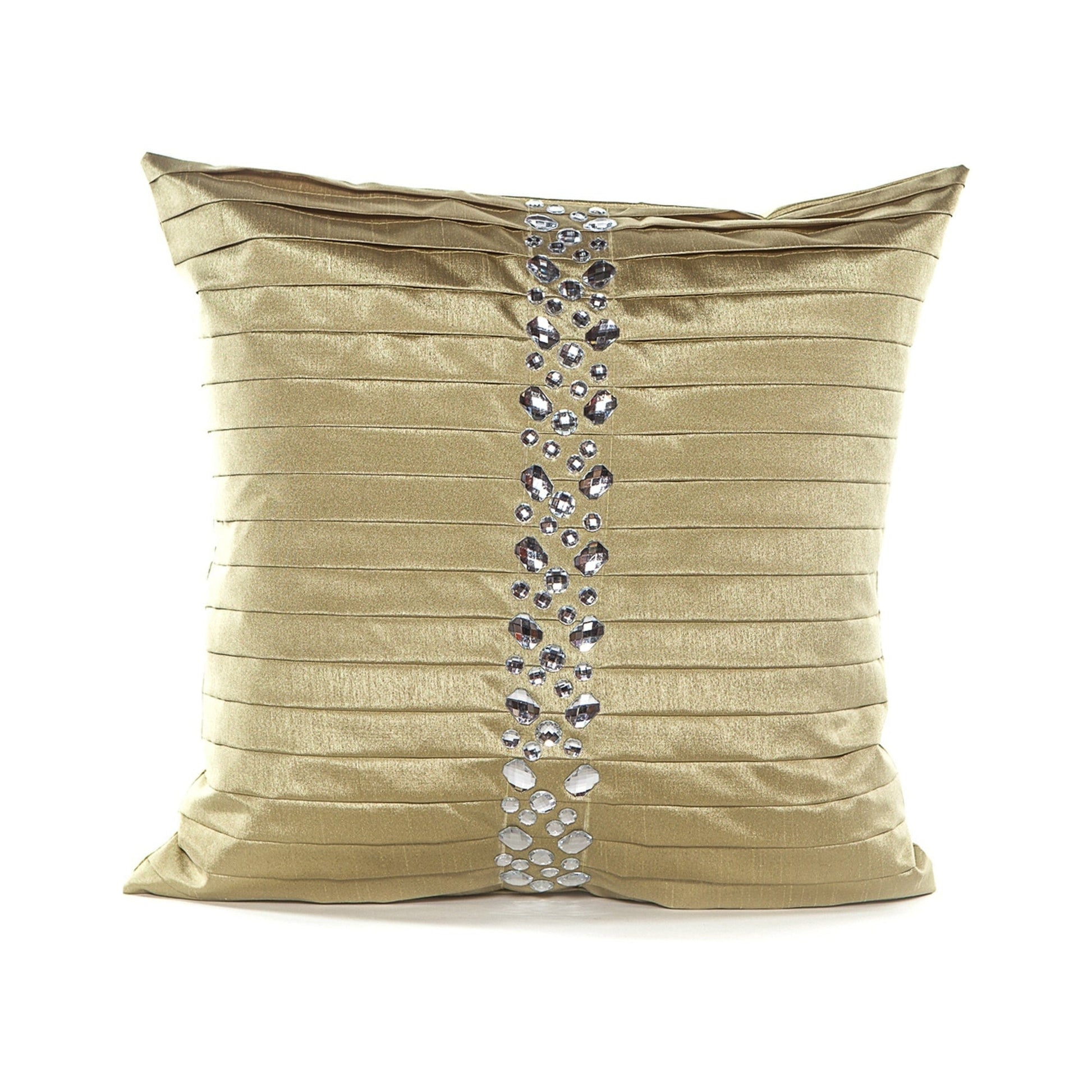 Beige pleated pillow with a decorative row of crystals on a white background
