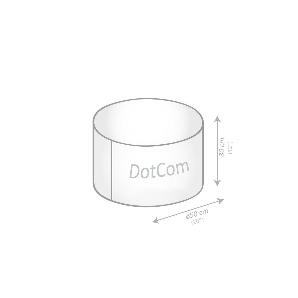 Technical drawing of a cylindrical object with 'DotCom' branding and dimensions on a white background.