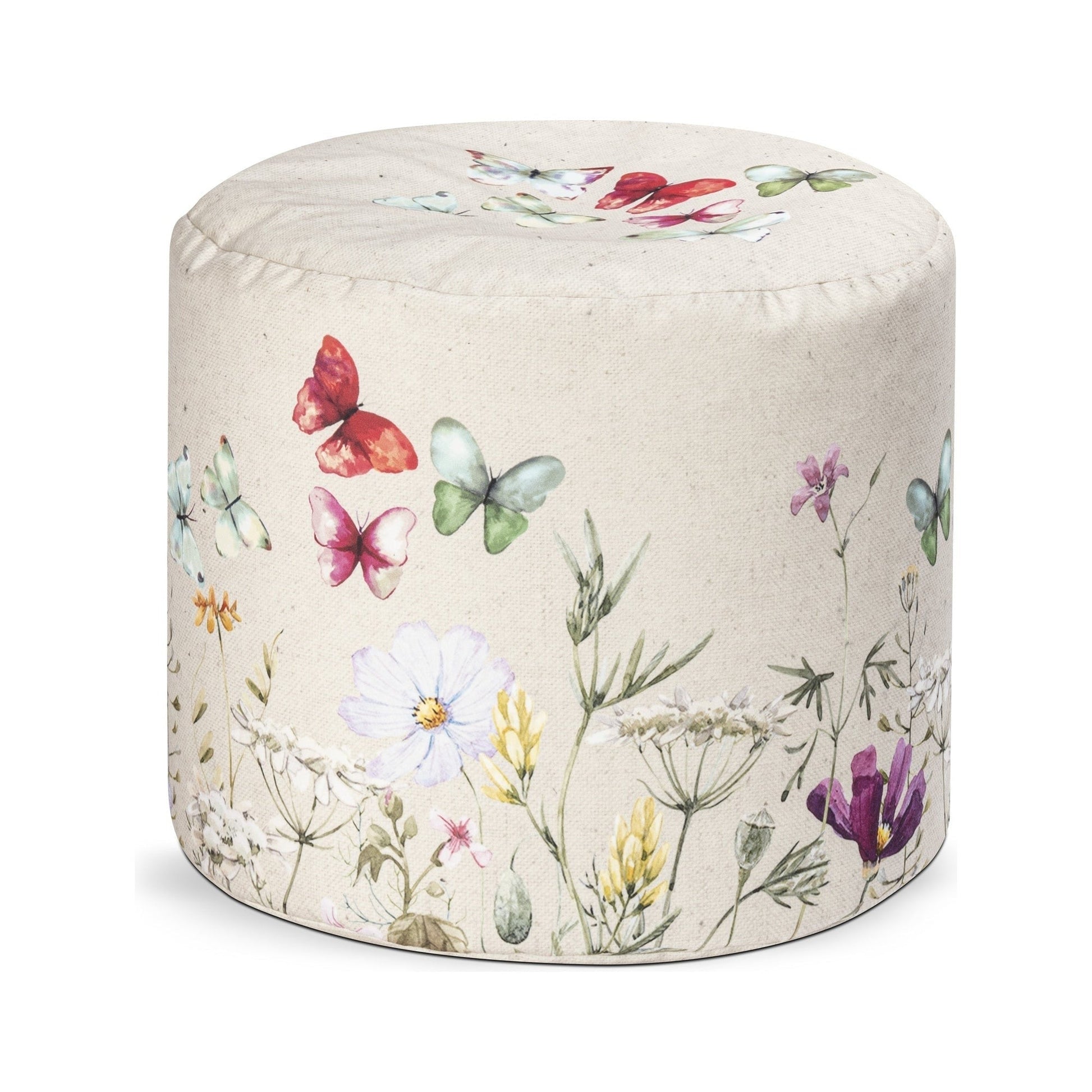Round ottoman with floral and butterfly design on a white background