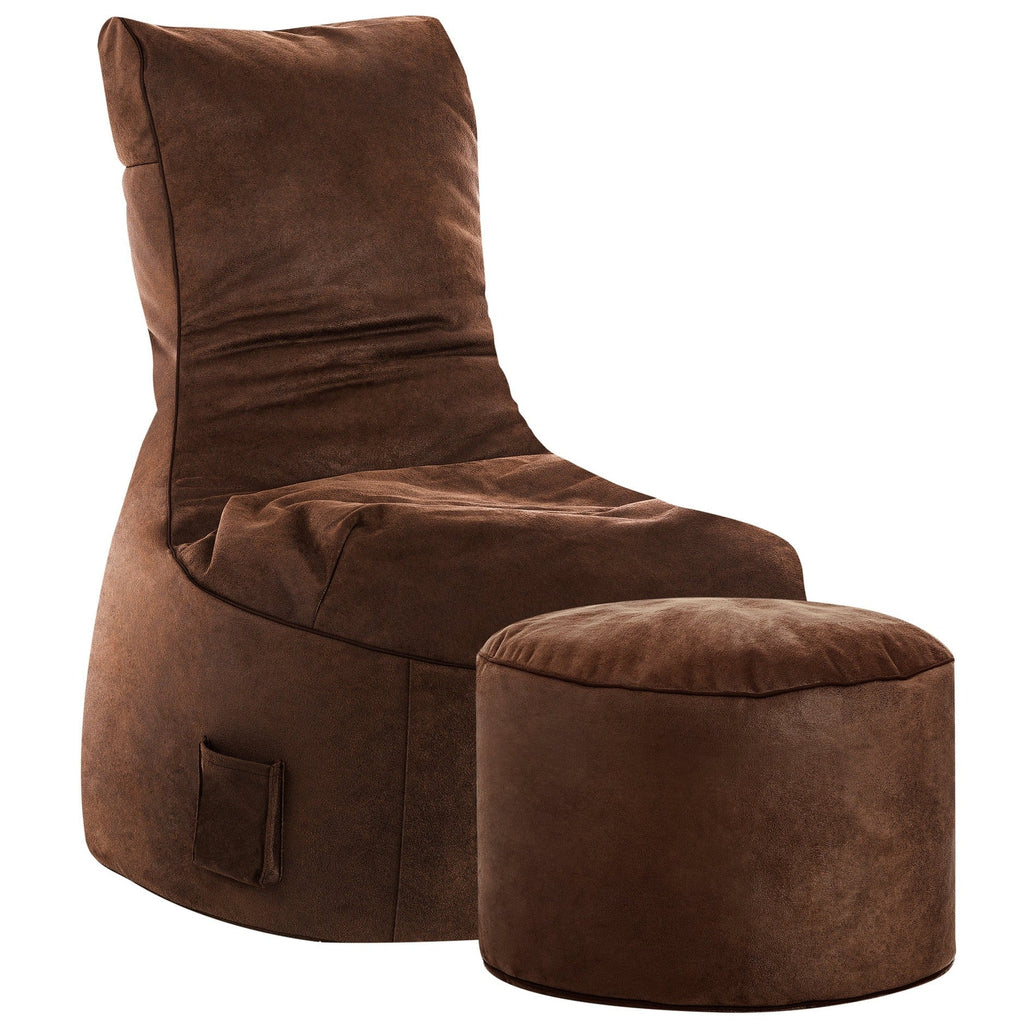 Brown bean bag chair with ottoman on a white background