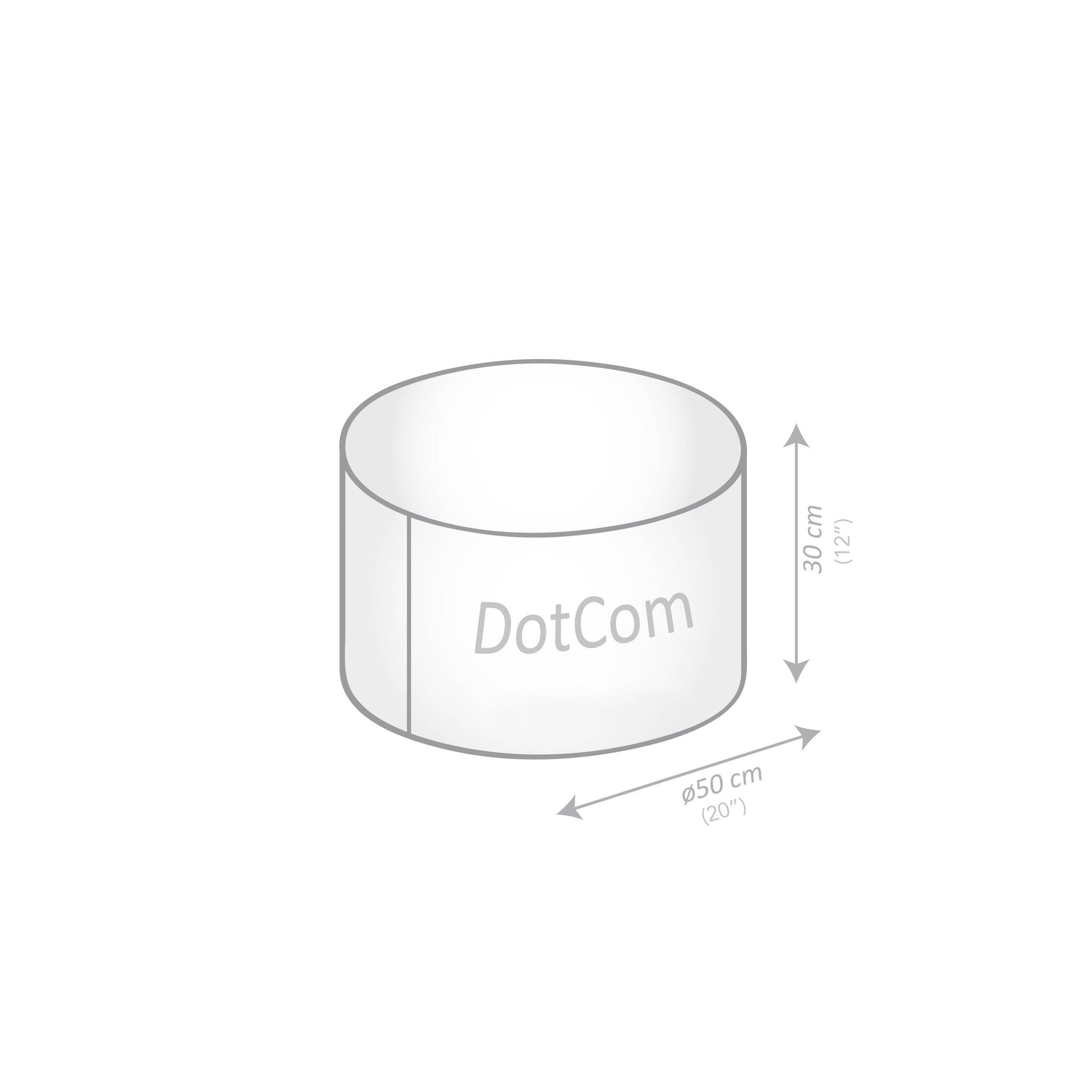Technical drawing of a cylindrical object with 'DotCom' branding and dimensions on a white background.