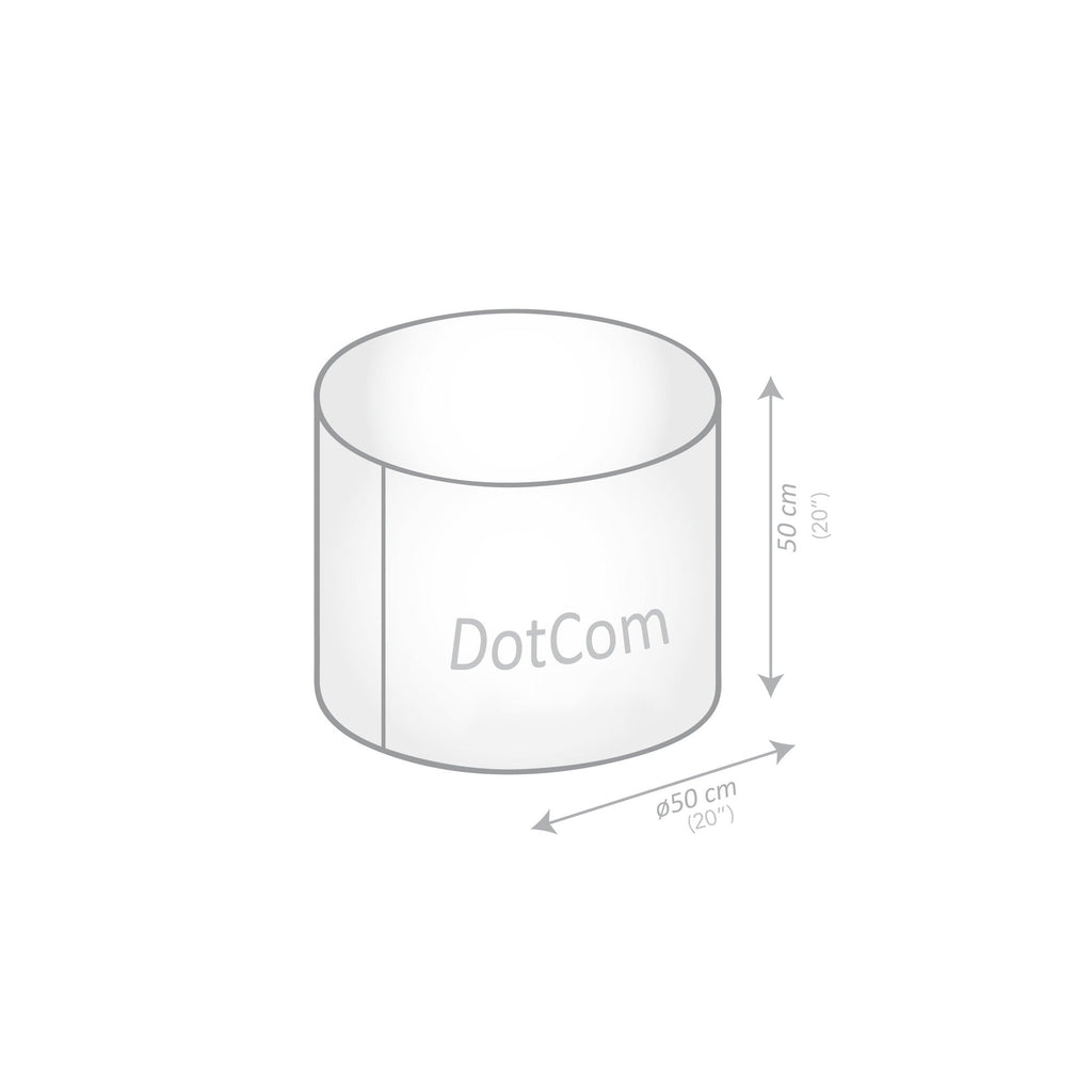 Cylindrical object with 'DotCom' branding and dimensions on a white background