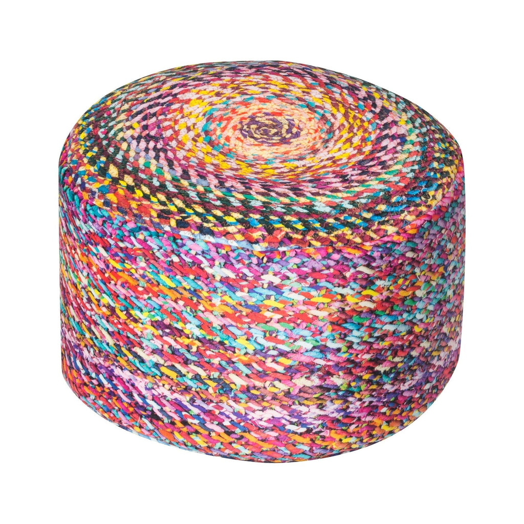 Multicolored woven ottoman on a white background