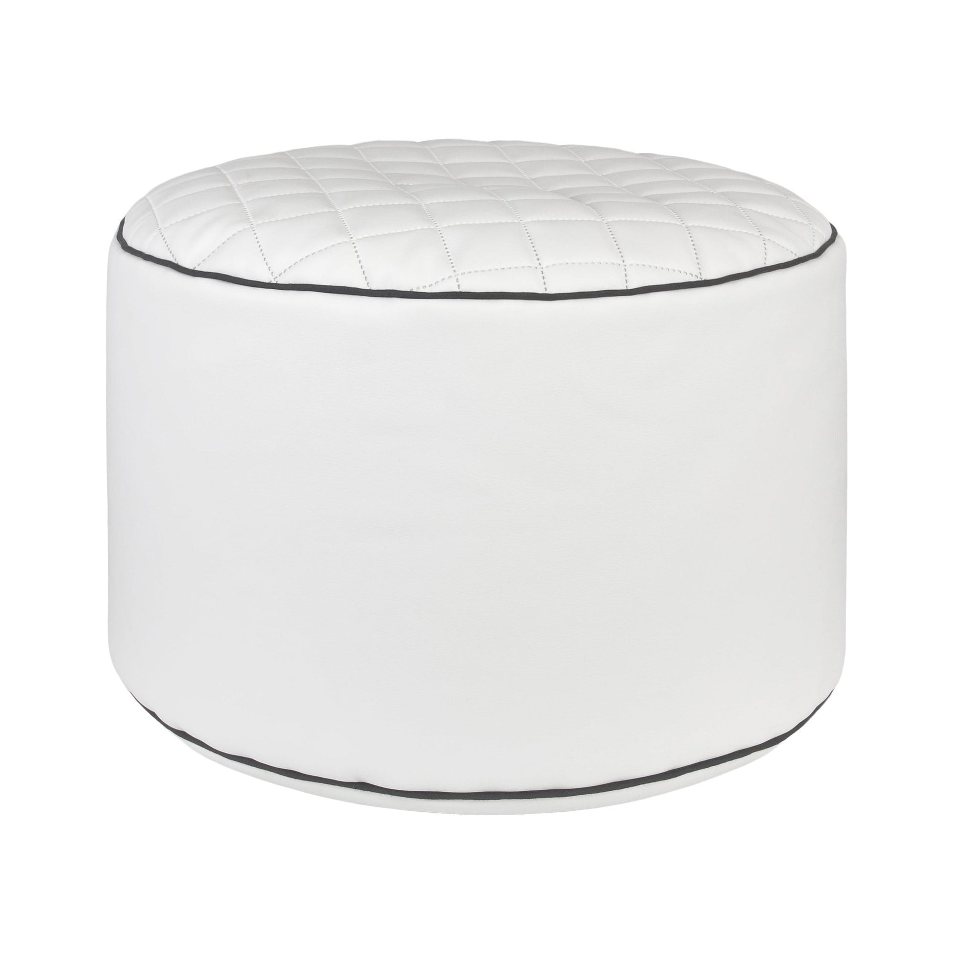 White ottoman with black trim on a white background