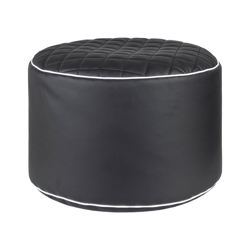Black quilted ottoman with white piping on a white background