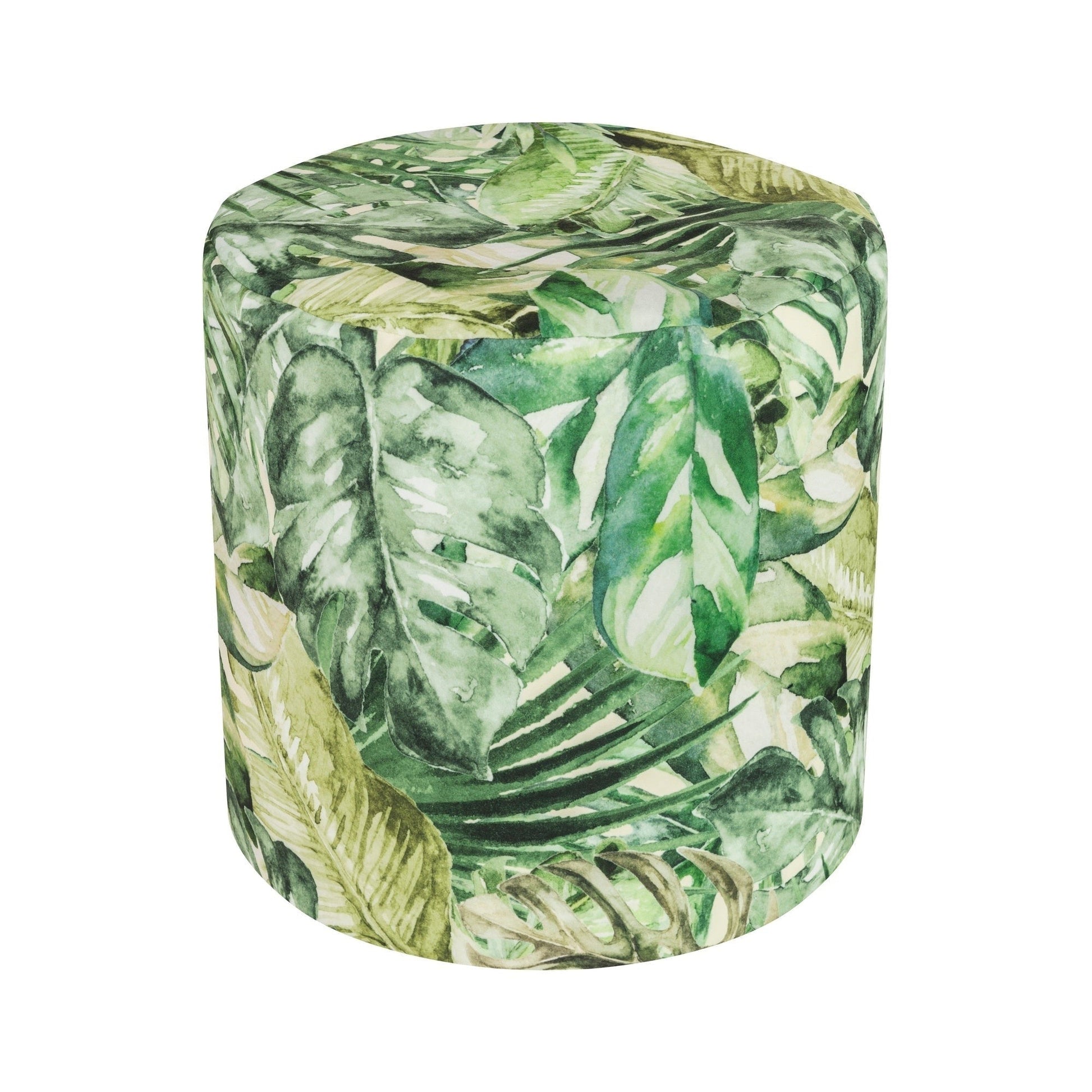 Cylindrical ottoman with tropical leaf pattern on a white background
