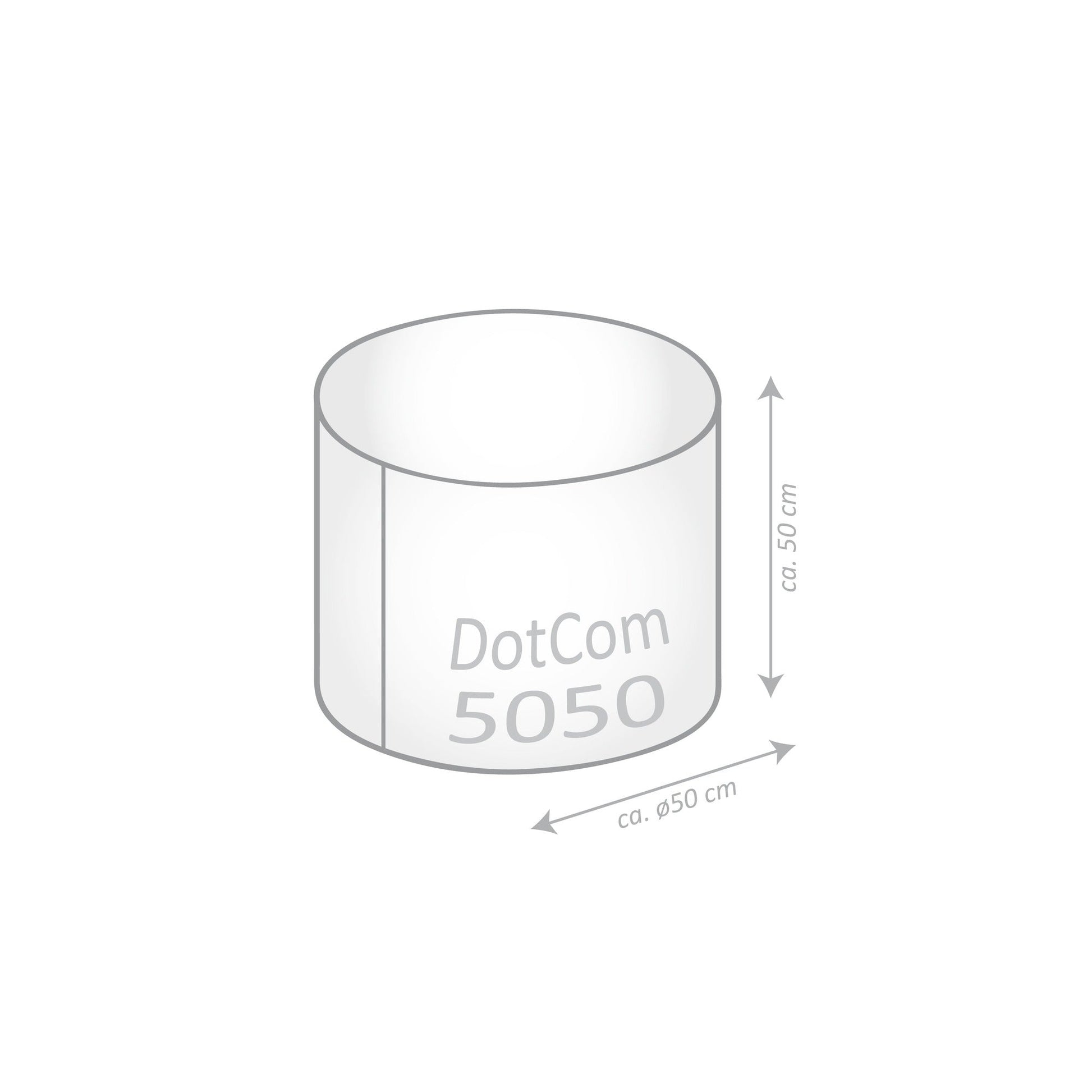 Technical drawing of a cylindrical object with dimensions labeled, featuring the brand 'DotCom'.