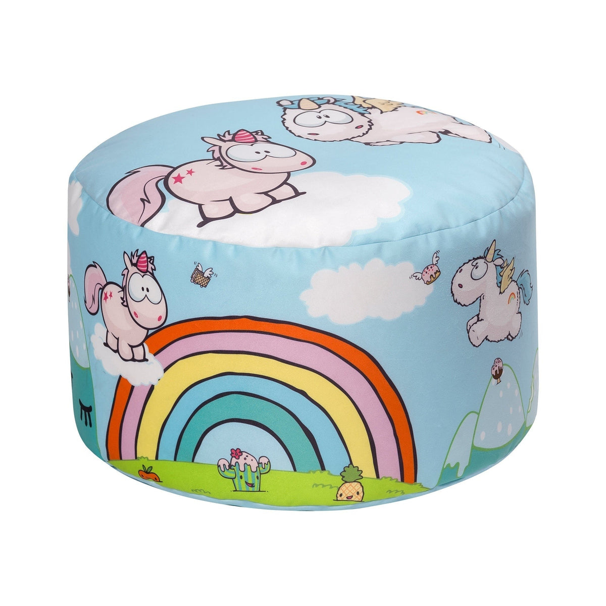 Round cushion with cartoon unicorns and rainbows on a blue background