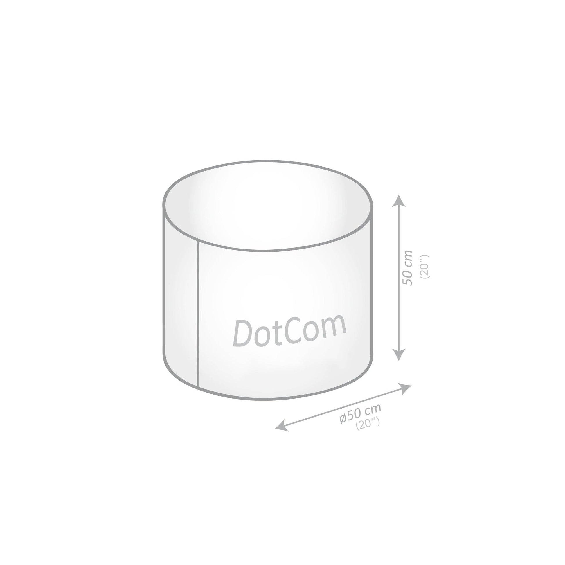 Cylindrical object with 'DotCom' branding and dimensions on a white background