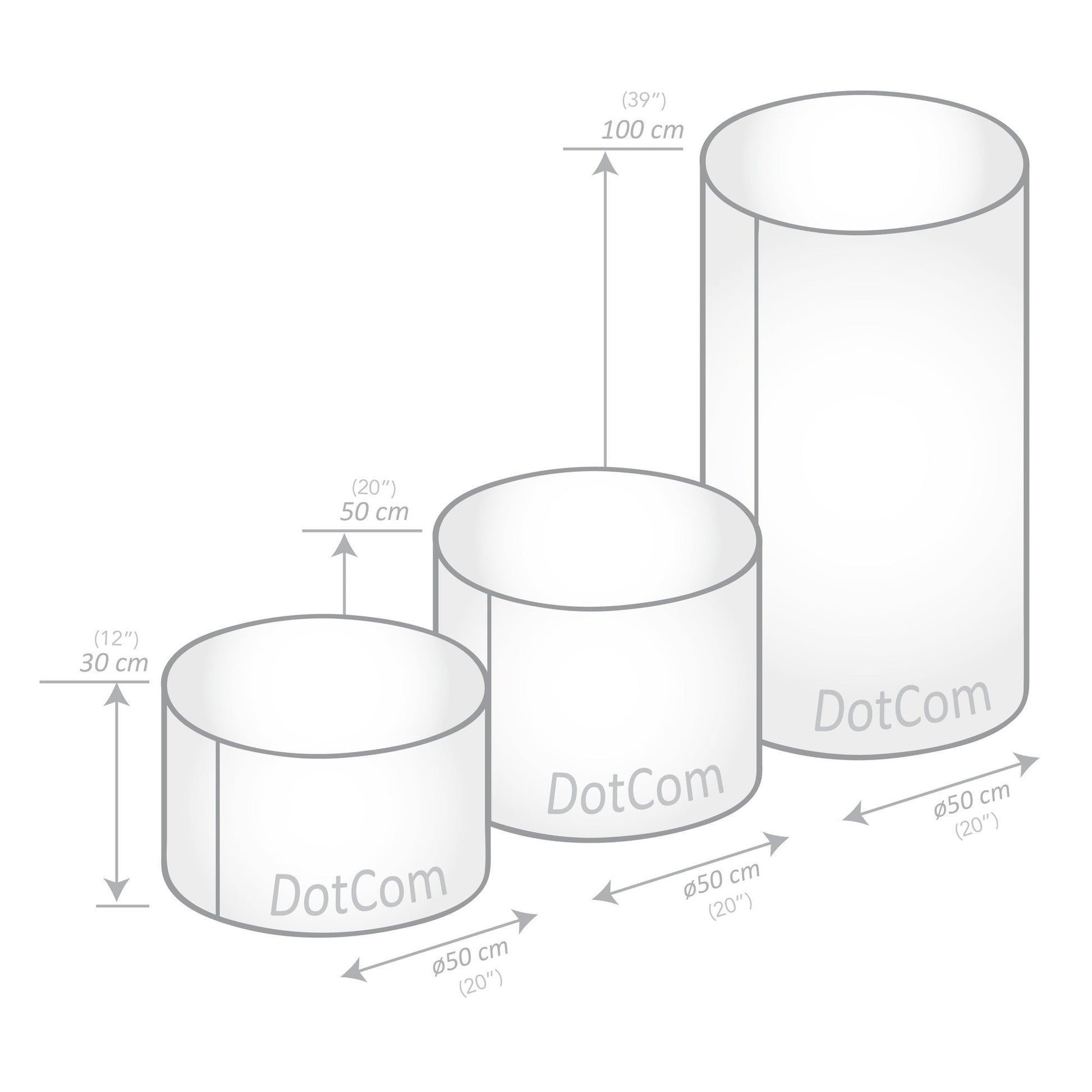 Three cylindrical objects labeled 'DotCom' with dimensions indicated.