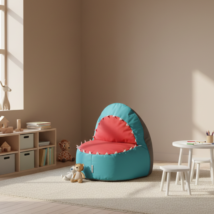 Children's shark bean bag chair in a room with toys and a small table.