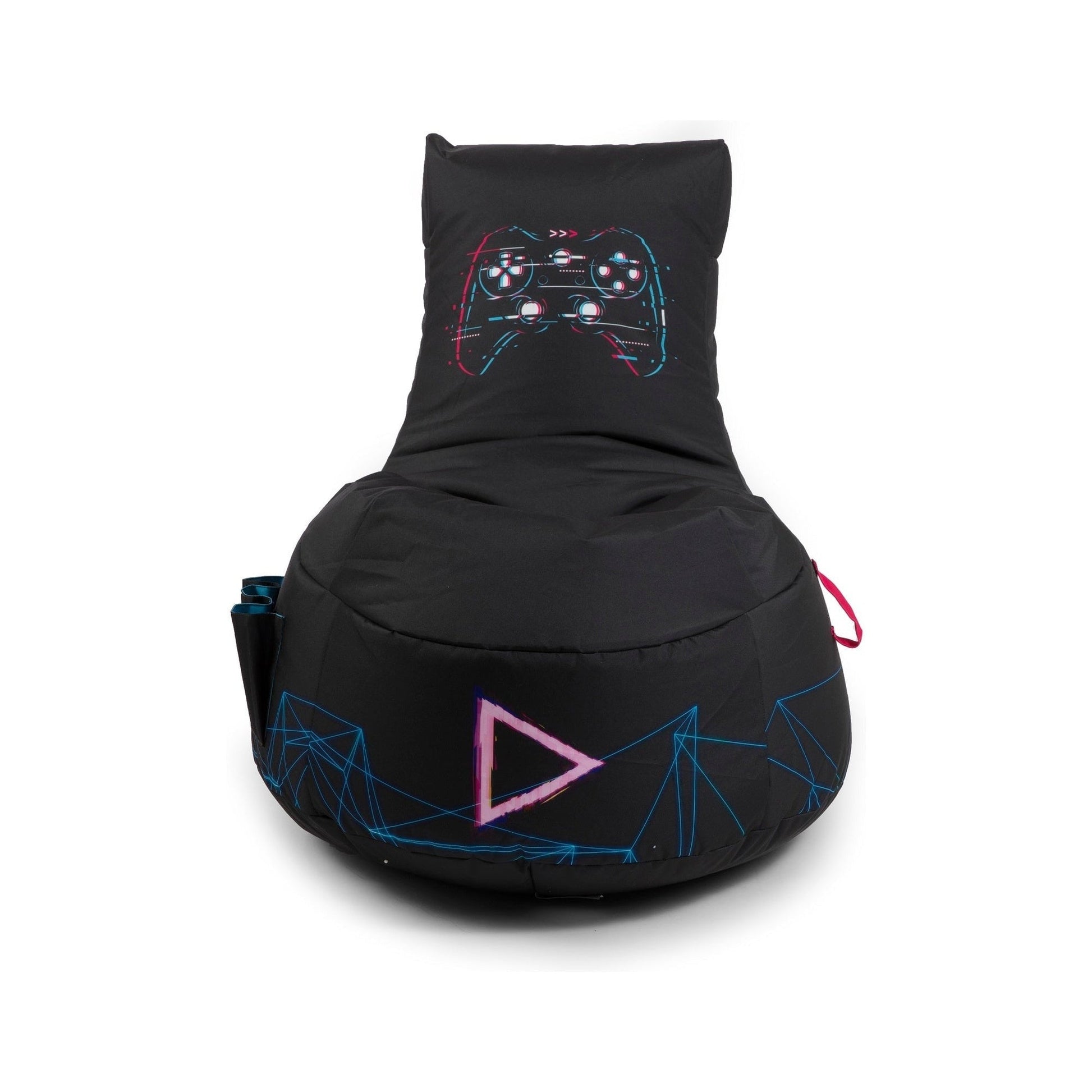 Black bean bag chair with gaming controller design on a white background