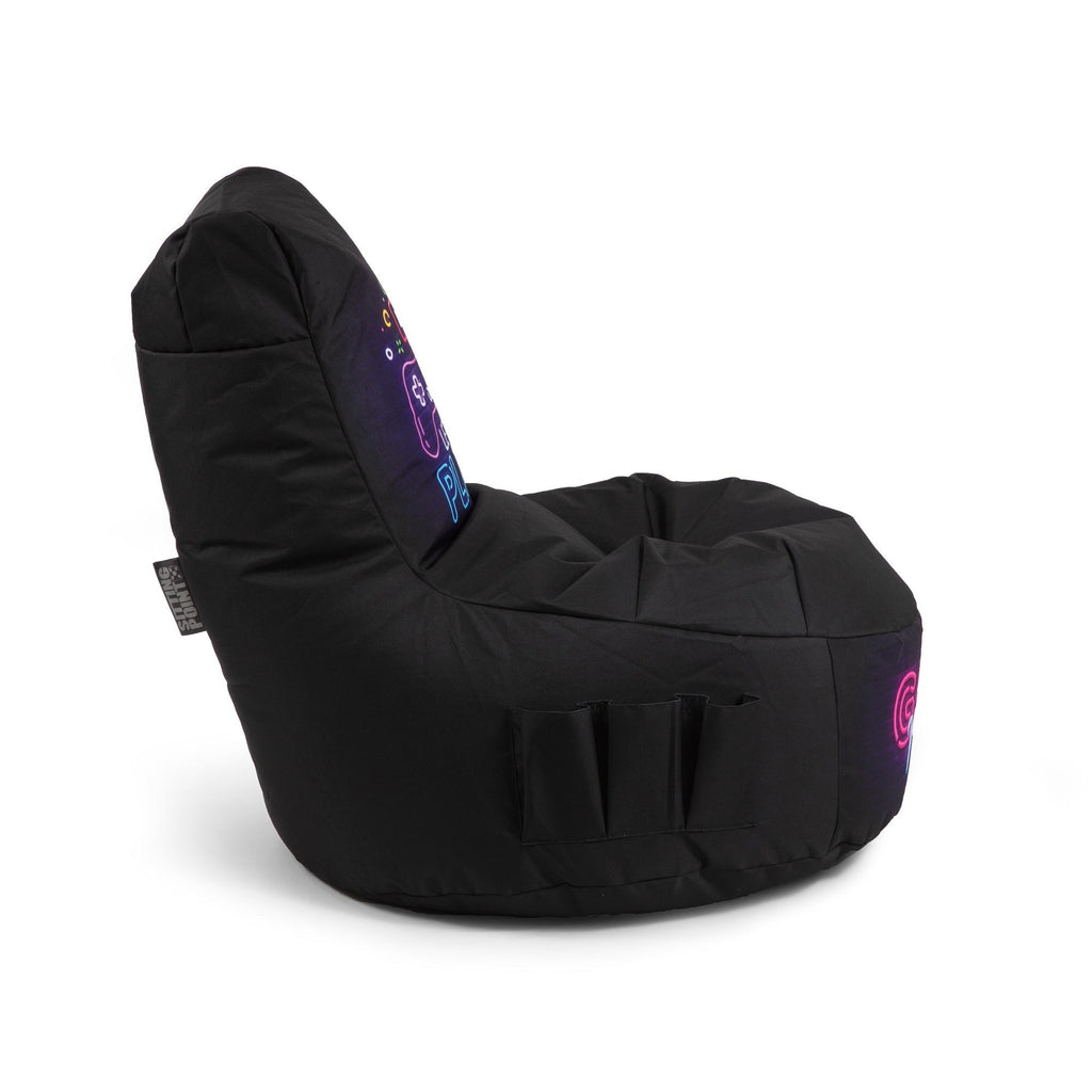 Black bean bag chair with purple accents on a white background