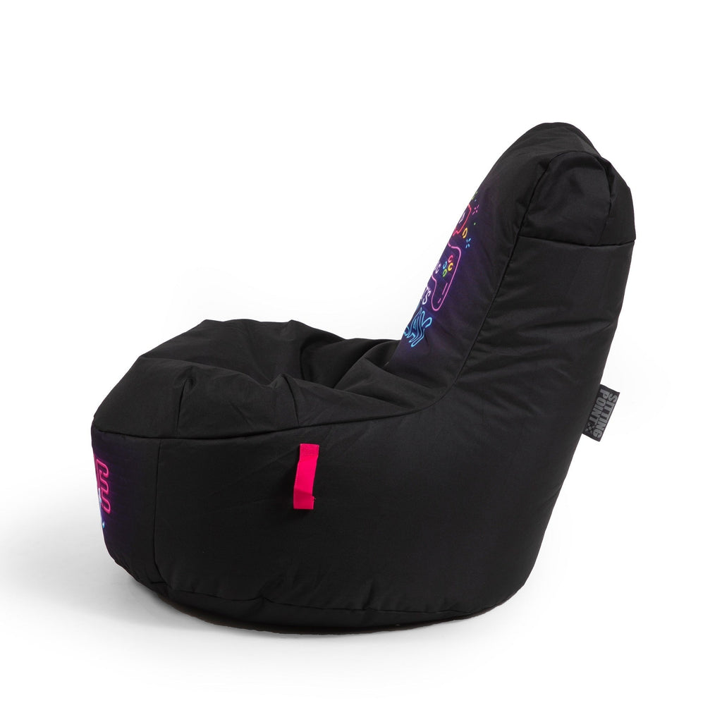 Black bean bag chair with colorful patterns on a white background