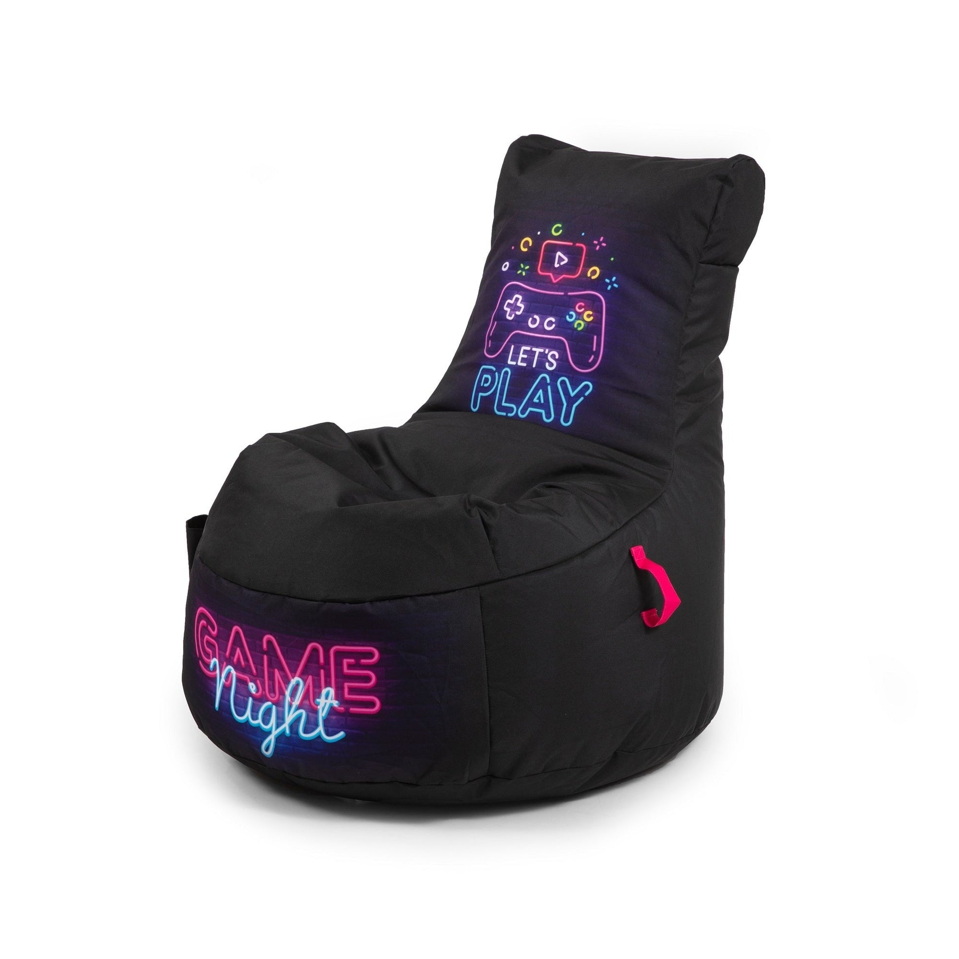 Black bean bag chair with colorful gaming-themed text on a white background