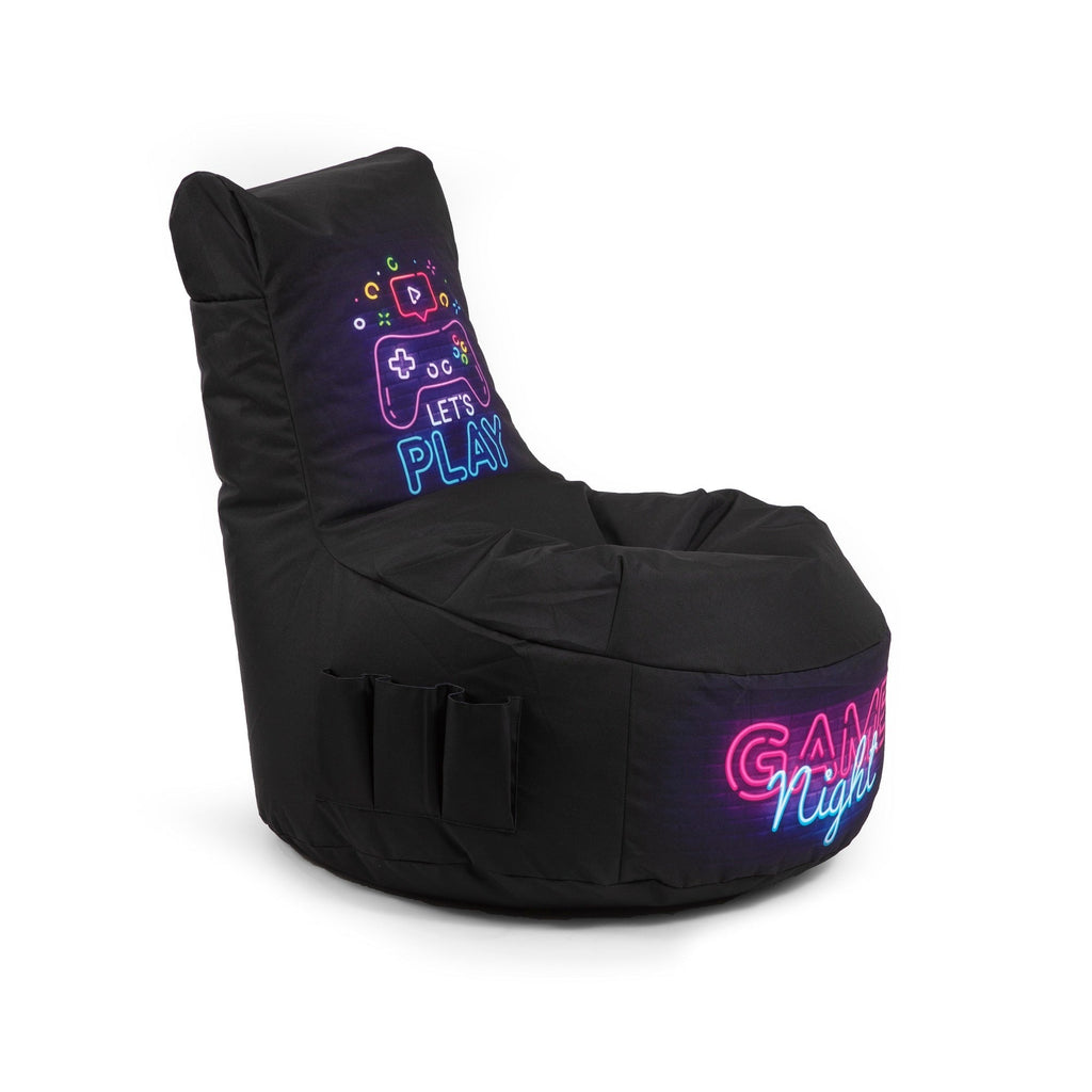 Black bean bag chair with gaming-themed text and graphics on a white background