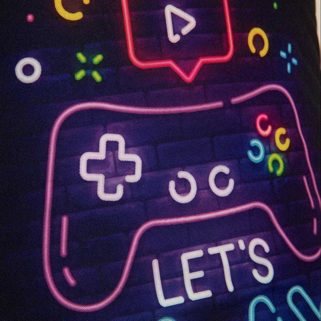 Neon sign of a game controller with 'Let's Go' text on a dark background