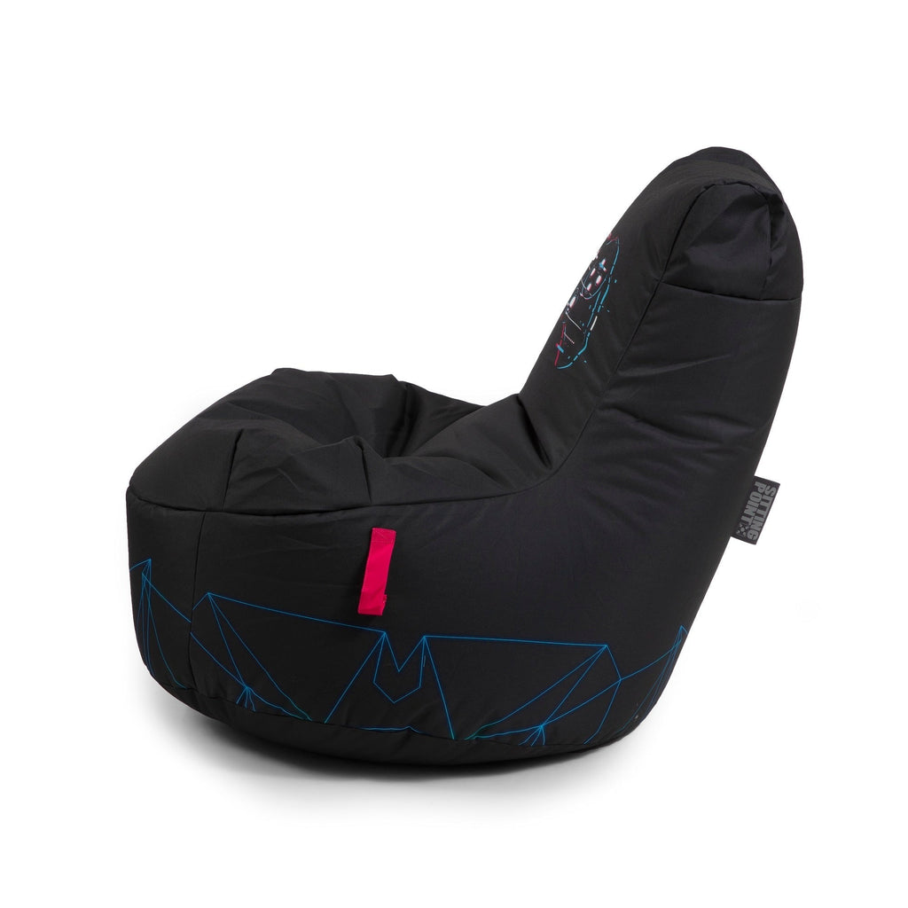 Black bean bag chair with geometric patterns on a white background