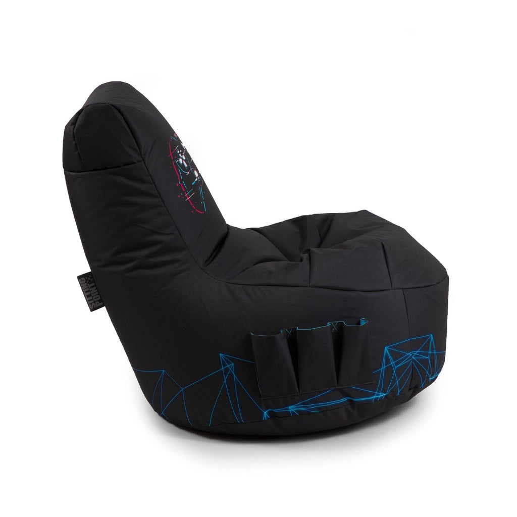 Black bean bag chair with blue geometric patterns on a white background