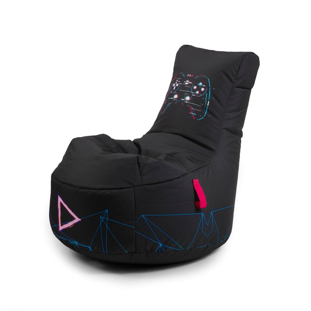 Black bean bag chair with geometric patterns on a white background