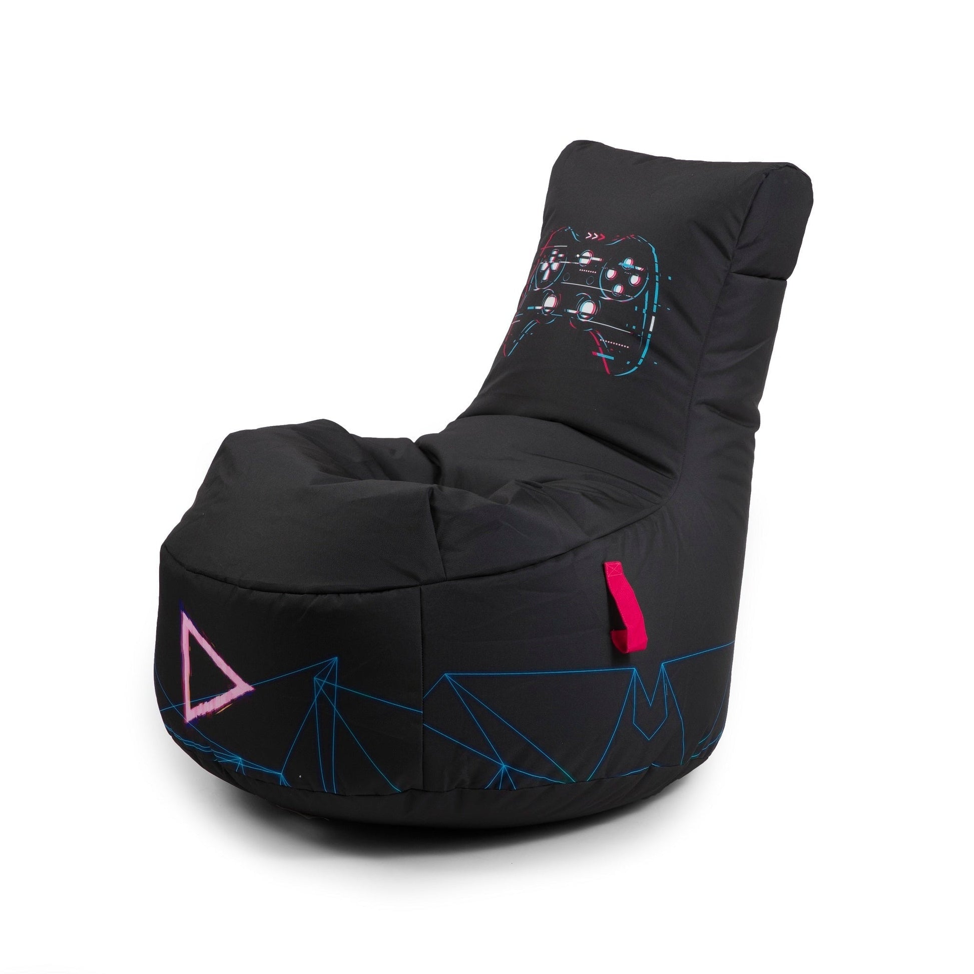 Black bean bag chair with geometric patterns on a white background