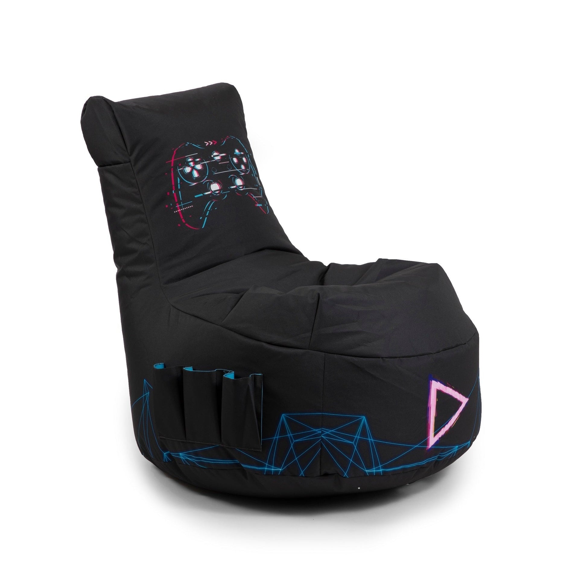 Black bean bag chair with geometric patterns on a white background