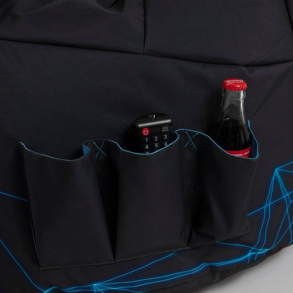 Black bean bag chair with multiple pockets, one of which contains a bottle.