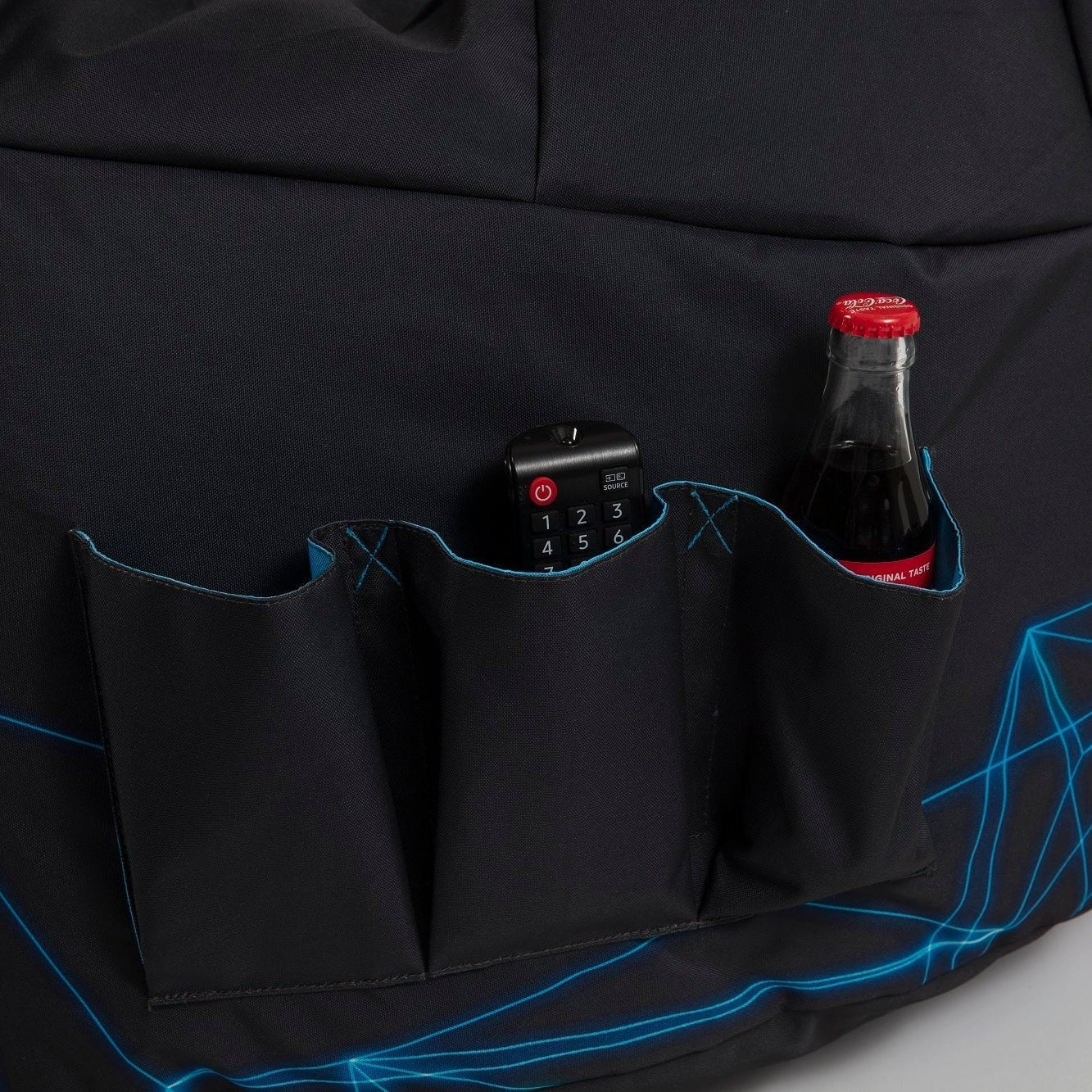 Black bean bag chair with multiple pockets, one of which contains a bottle.