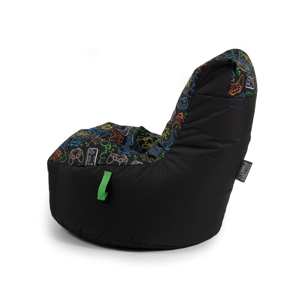 Black bean bag chair with colorful gaming console pattern on a white background