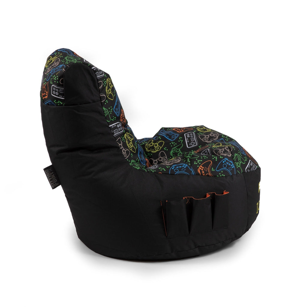 Black bean bag chair with colorful pattern on a white background