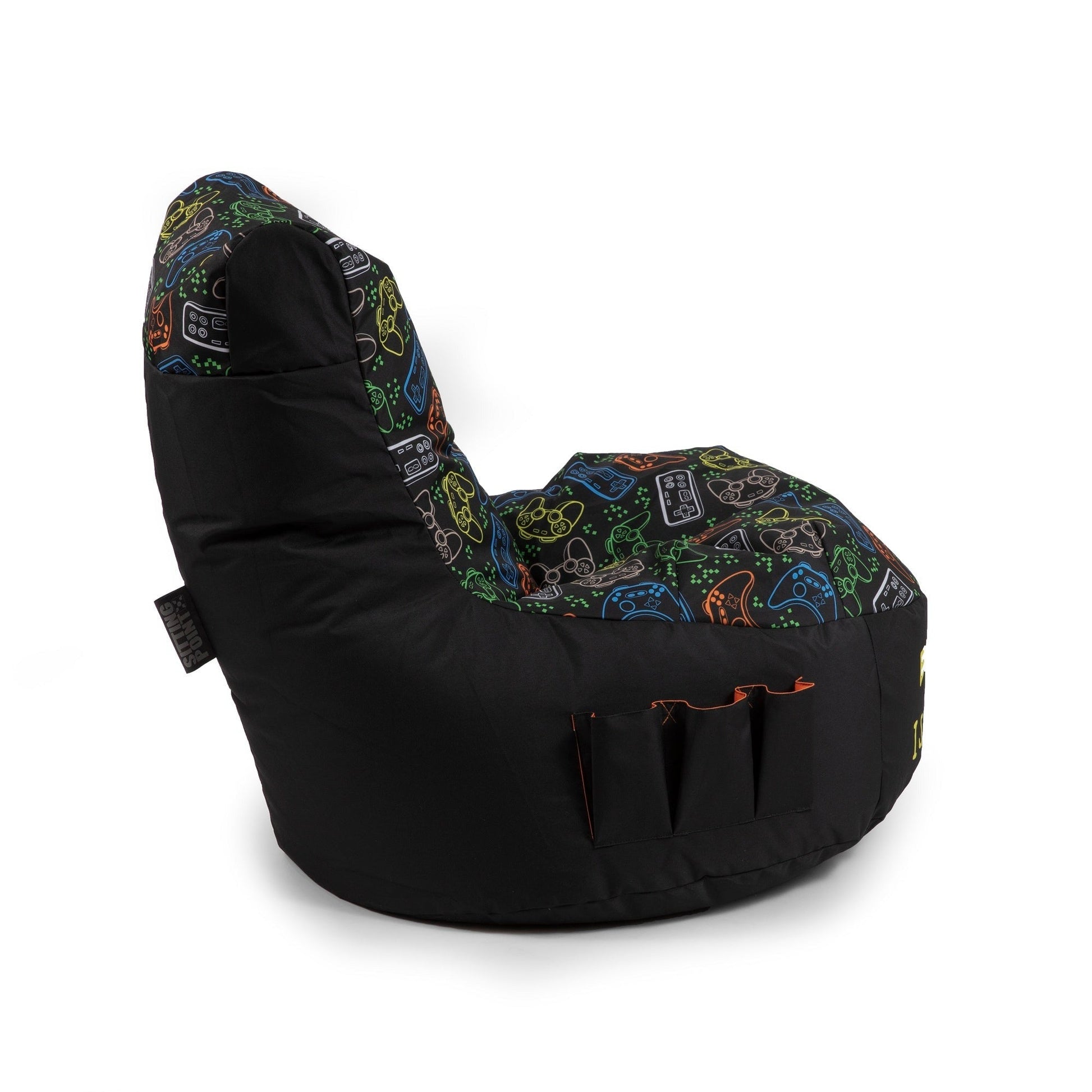 Black bean bag chair with colorful pattern on a white background