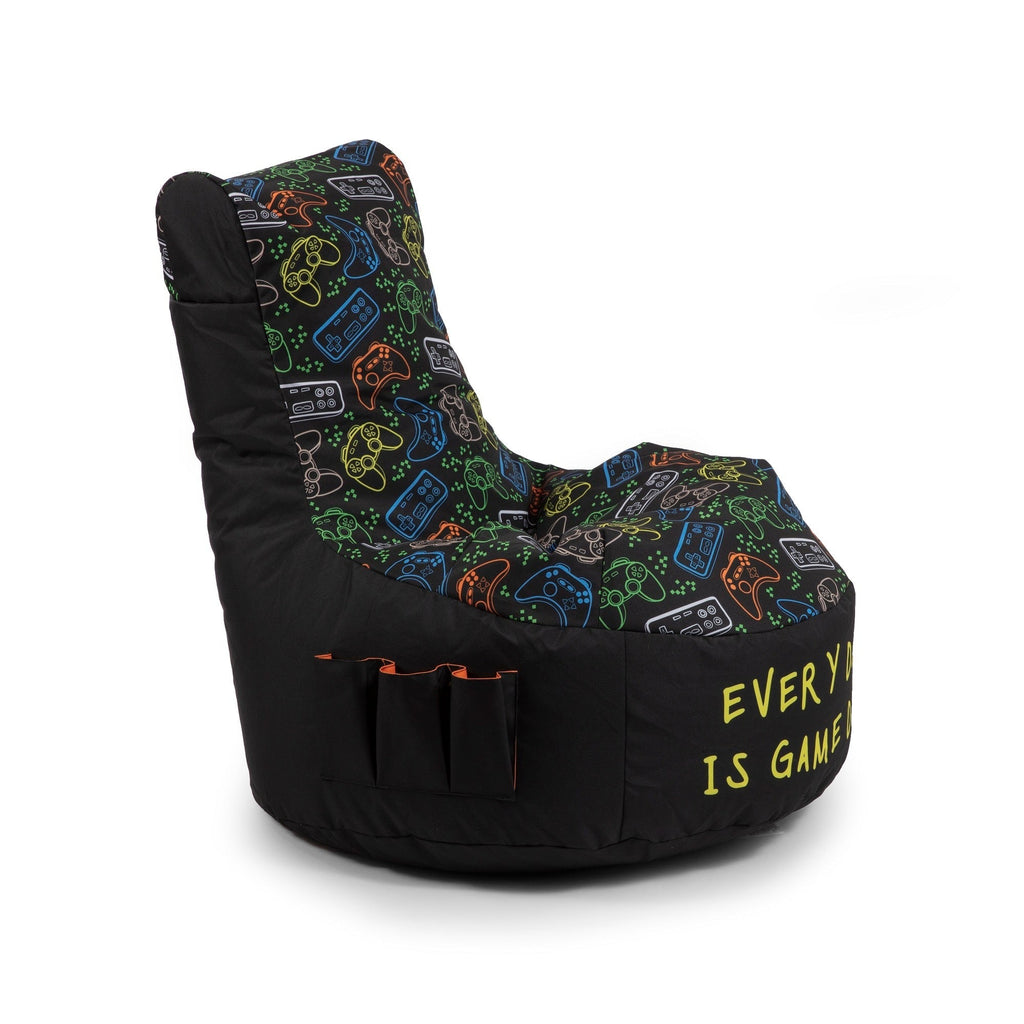 Black bean bag chair with gaming console pattern and 'Every Game' text on a white background
