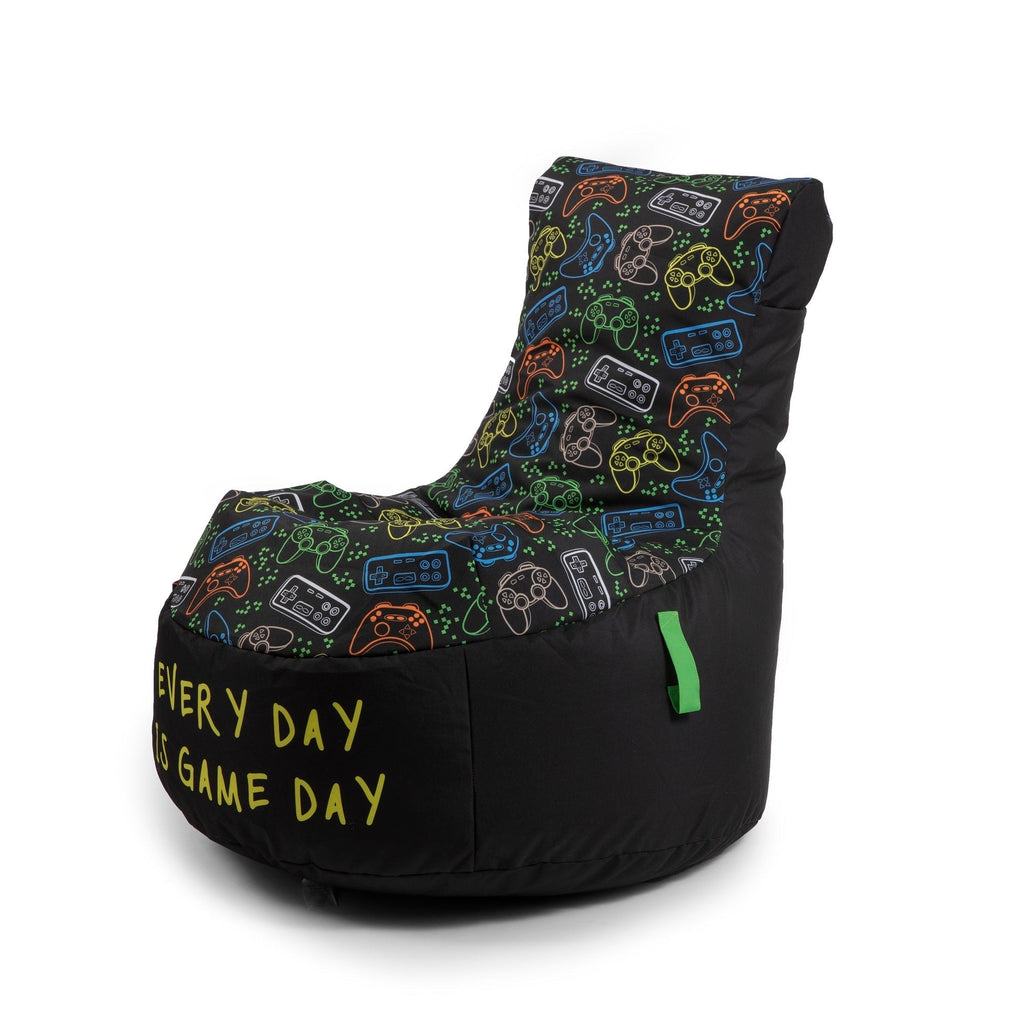 Black bean bag chair with gaming controller pattern and 'Every Day is Game Day' text on a white background
