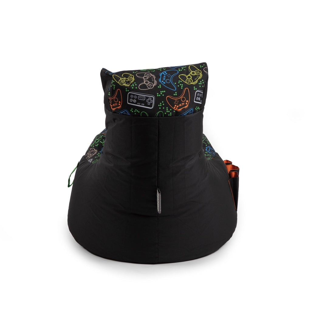 Black bean bag chair with colorful patterned top on a white background