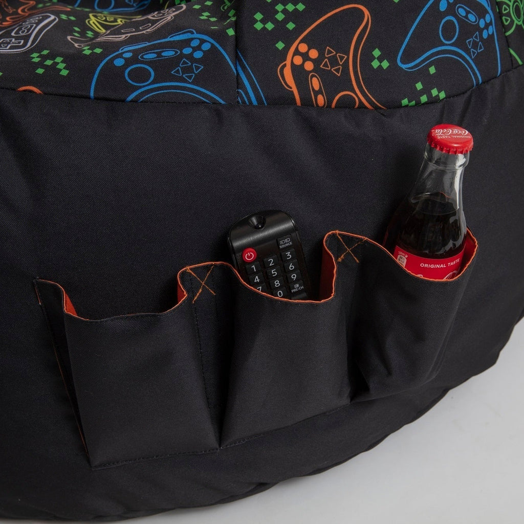 Black bean bag with gaming-themed design and bottle holder on a white background