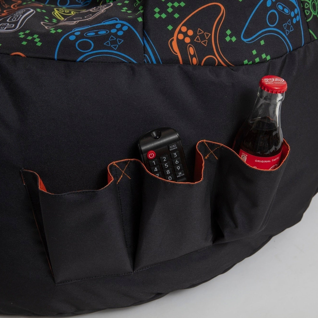 Black bean bag with gaming-themed design and bottle holder on a white background