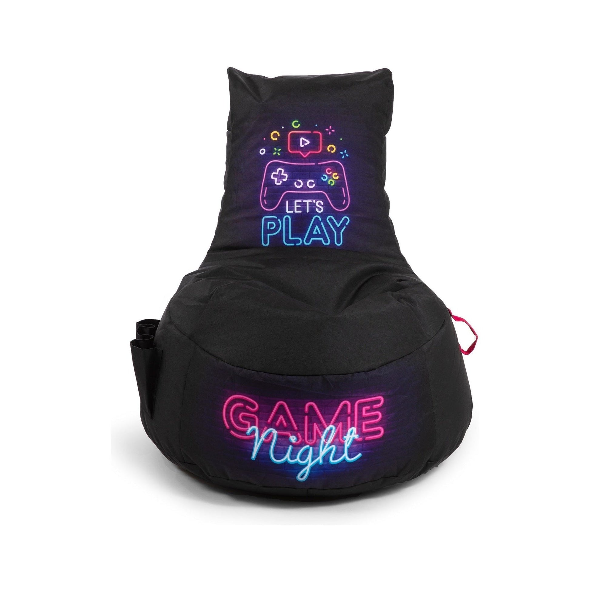 Black bean bag chair with gaming-themed pillow and text on a white background
