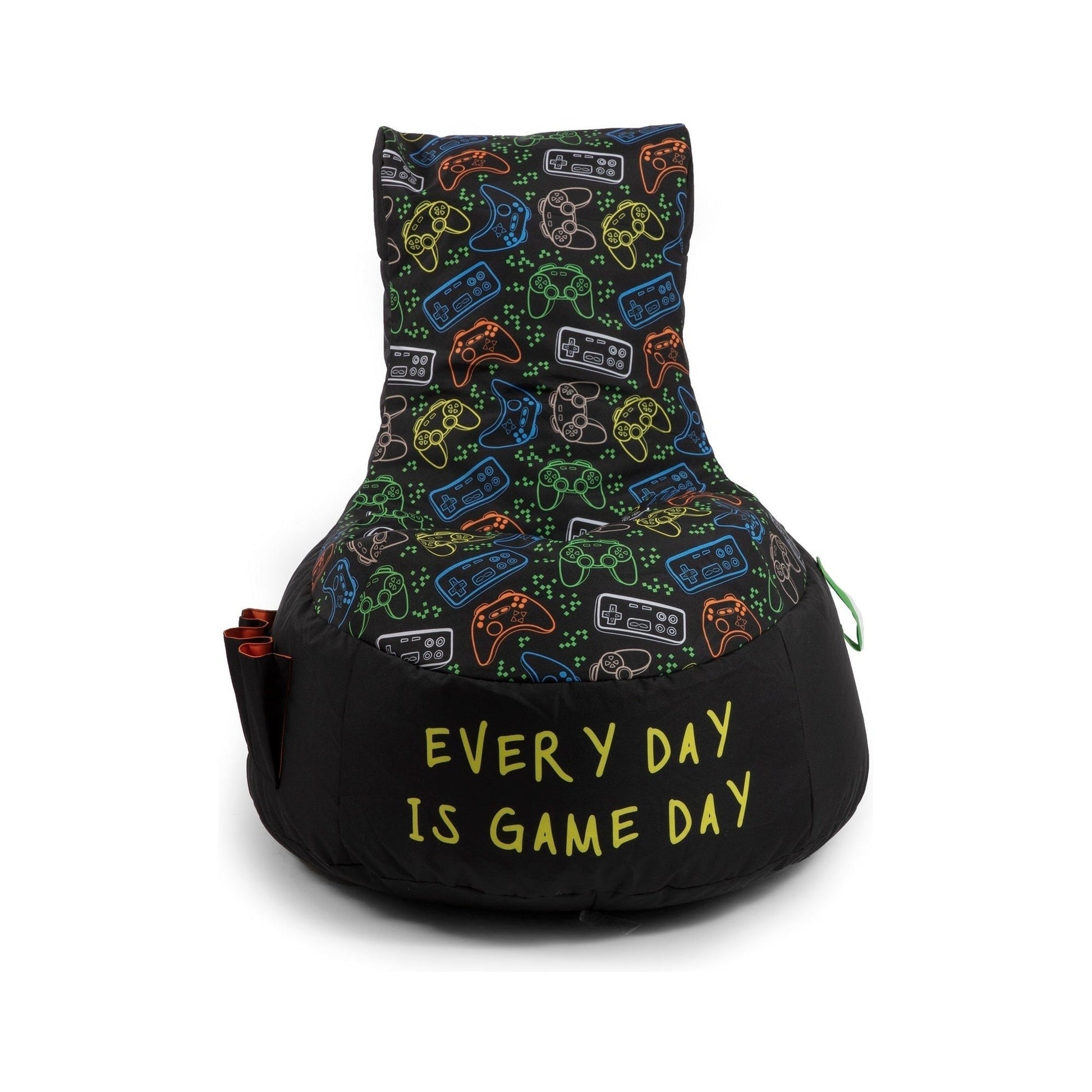Bean bag with gaming controller pattern and 'Every Day is Game Day' text on a white background