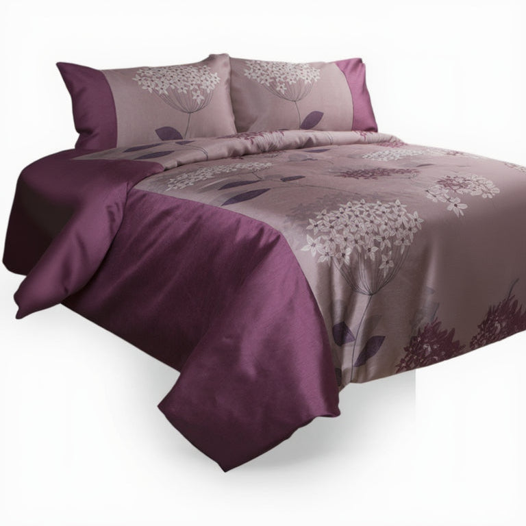 Purple and beige floral patterned bedding set on a white background