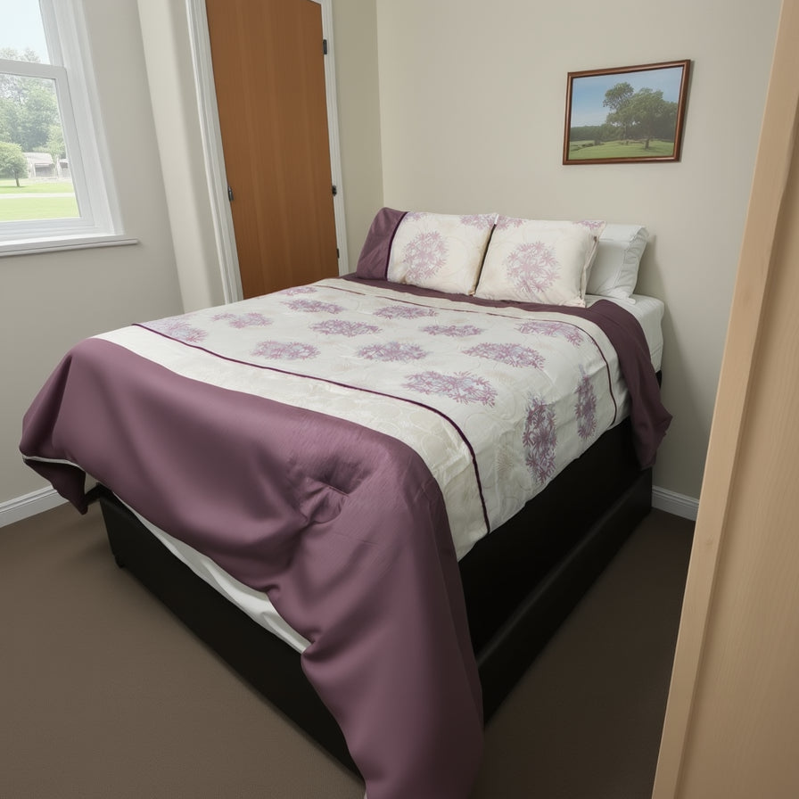 Bedding set with floral pattern and purple accents on a white background